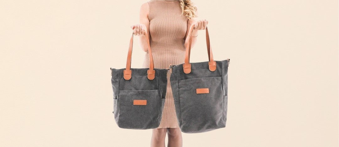 Woman carrying two convertible bags small and large